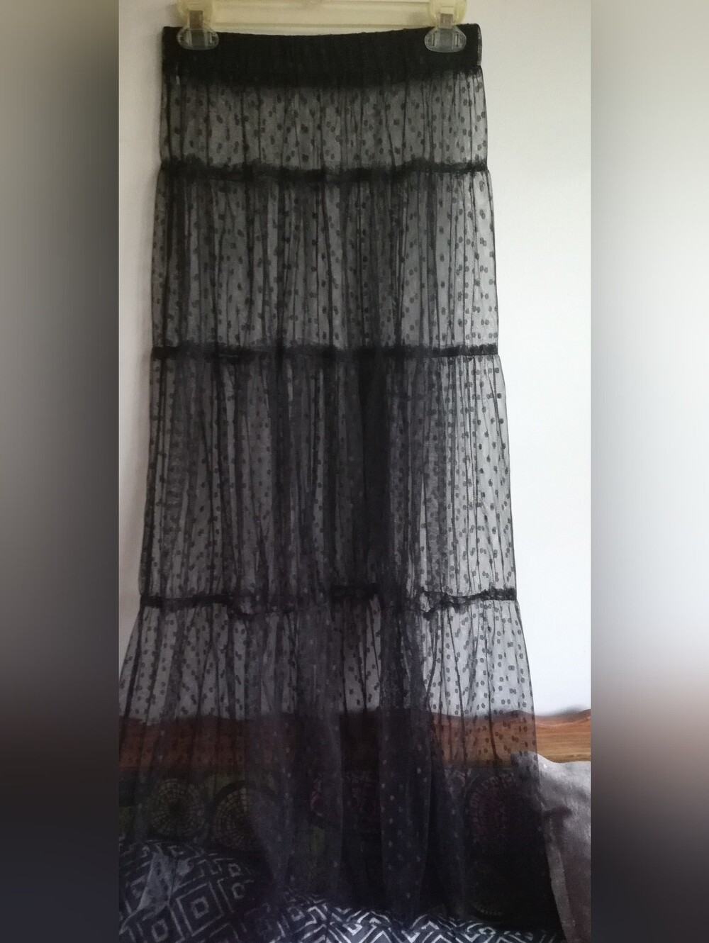 Black Sheer Polka Dot Tiered Maxi Skirt